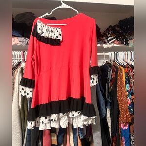 Custom Red Blouse with Polka Dot Ruffle Accents